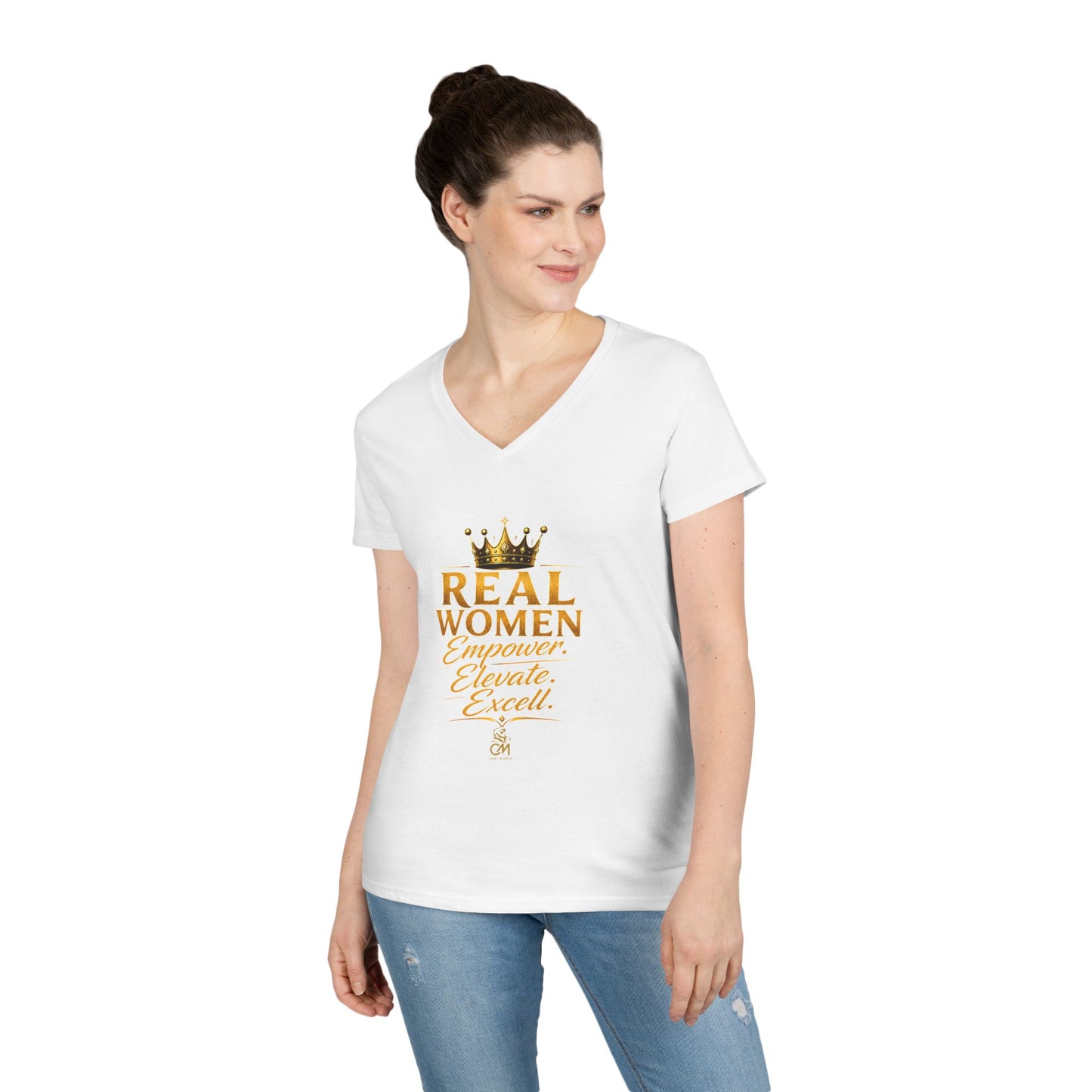 REAL WOMEN EMPOWER .ELEVATE. EXCELL. Ladies' V-Neck T-Shirt