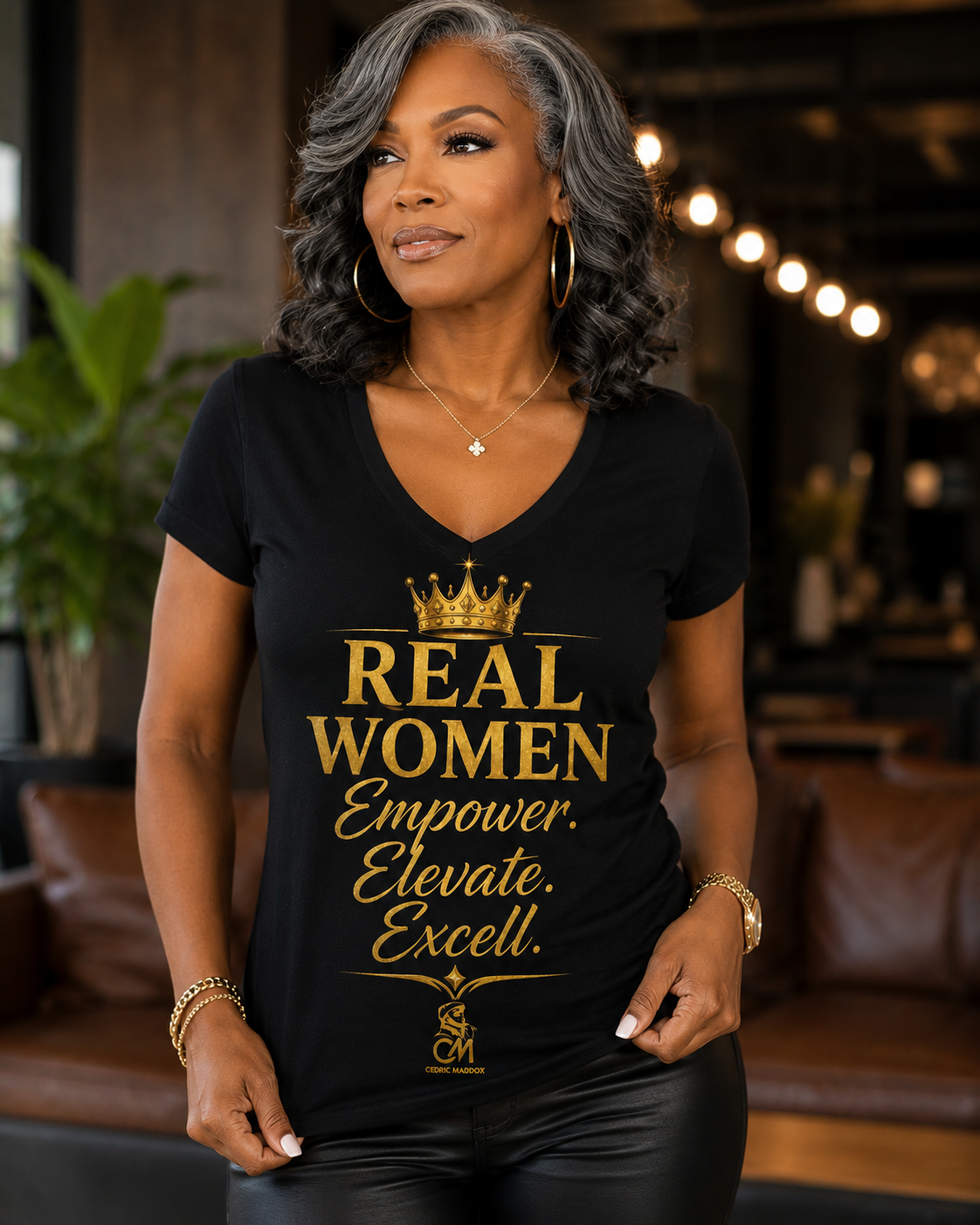 REAL WOMEN EMPOWER .ELEVATE. EXCELL. Ladies' V-Neck T-Shirt
