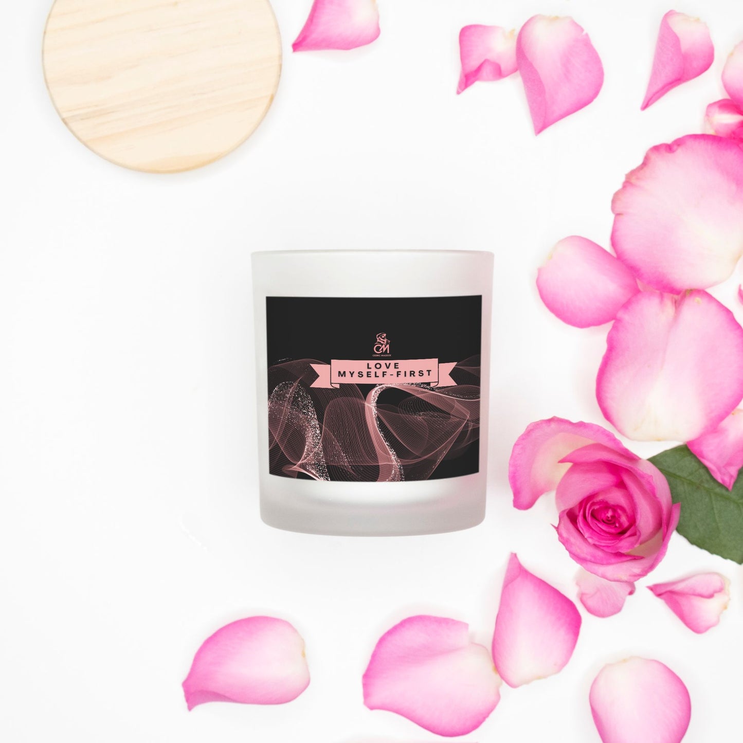 Love Myself First Candle (Rose Gold Label) (Pink Wick)Frosted Glass (Hand Poured 11 oz)