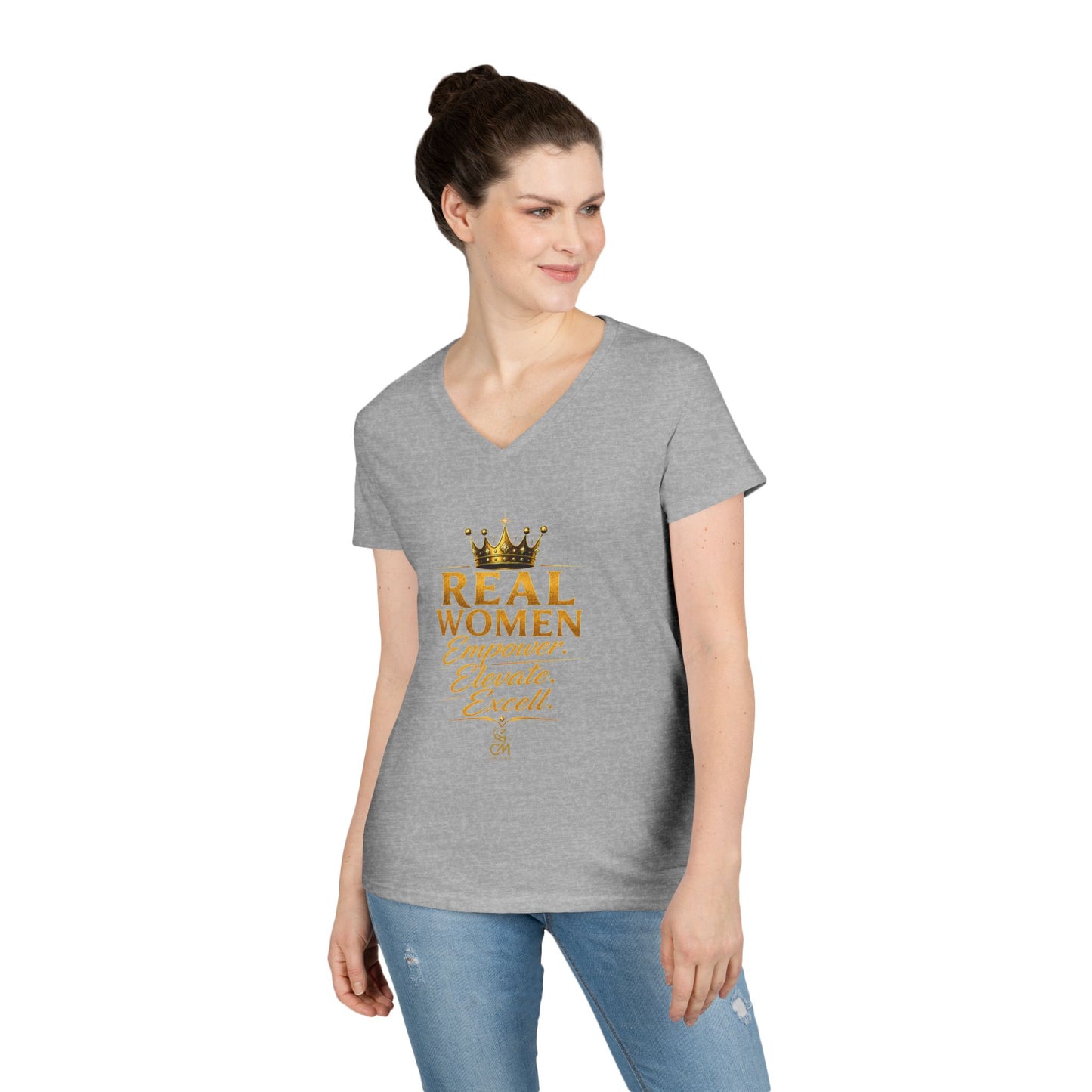REAL WOMEN EMPOWER .ELEVATE. EXCELL. Ladies' V-Neck T-Shirt