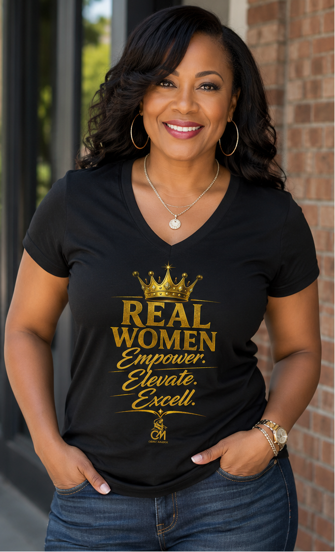 REAL WOMEN EMPOWER.ELEVATE.EXCELL. Unisex Tee V-Neck
