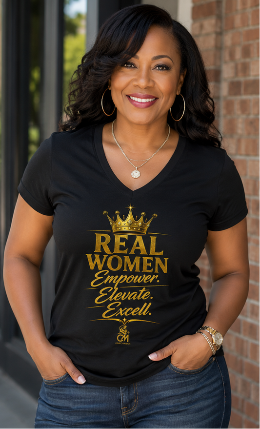 REAL WOMEN EMPOWER.ELEVATE.EXCELL. Unisex Tee V-Neck