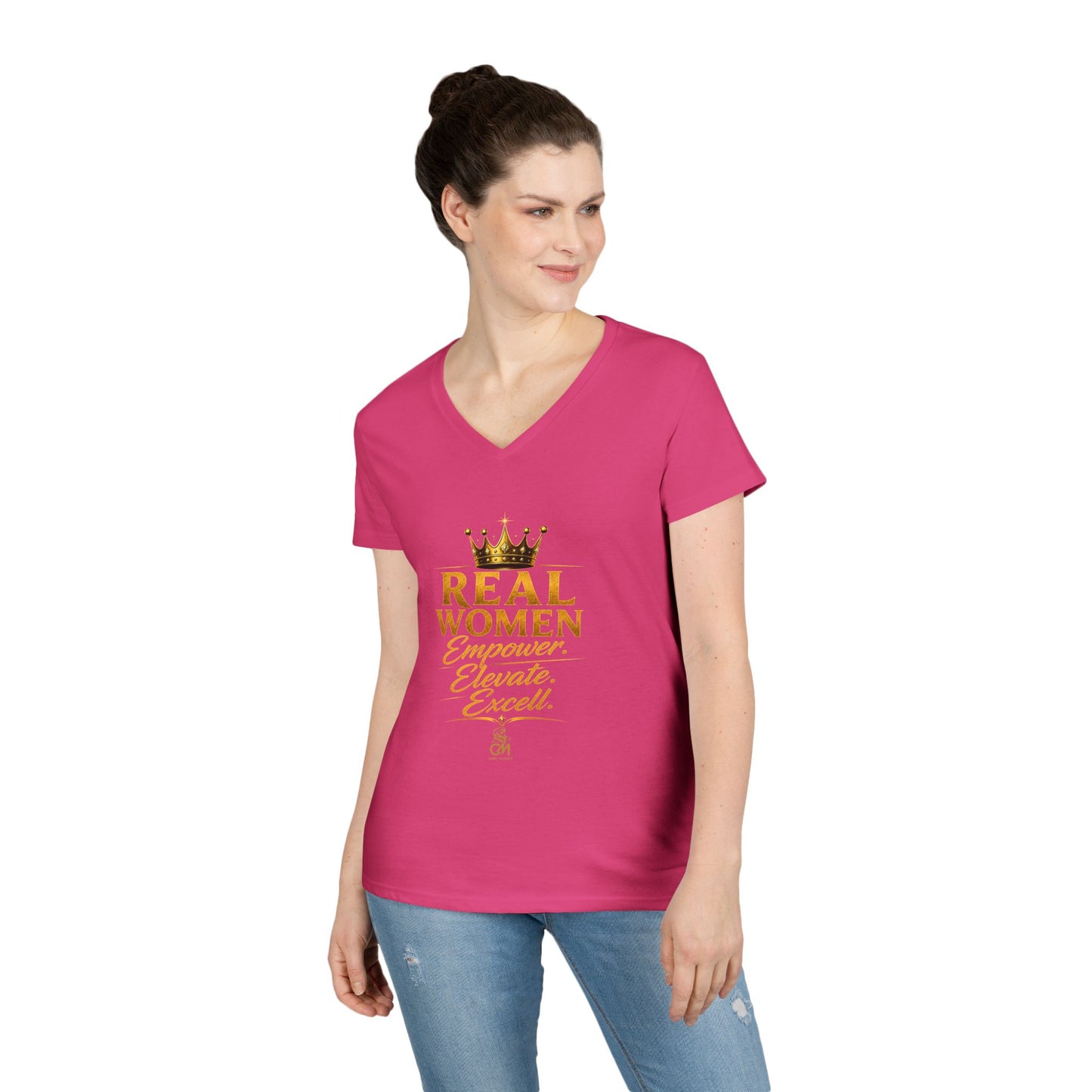 REAL WOMEN EMPOWER .ELEVATE. EXCELL. Ladies' V-Neck T-Shirt