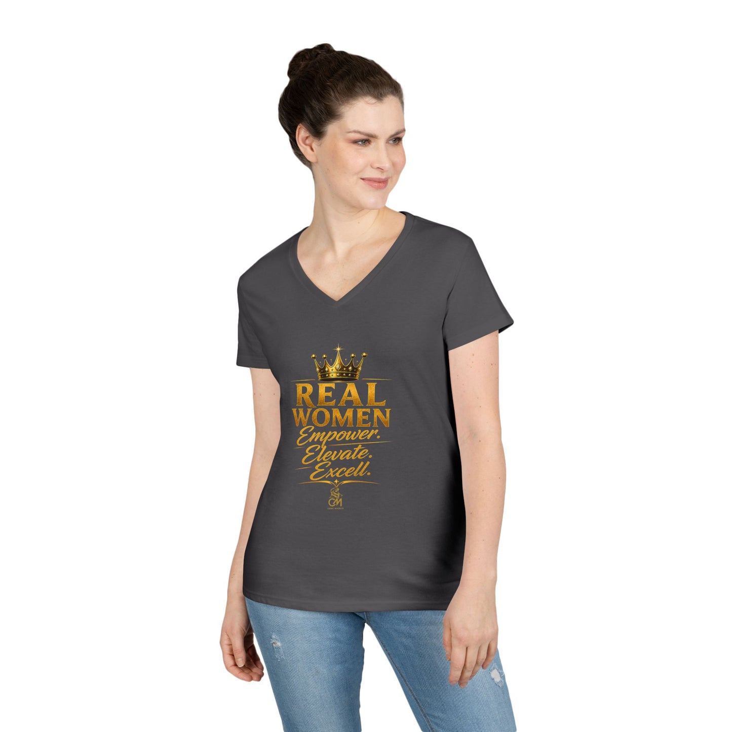 REAL WOMEN EMPOWER .ELEVATE. EXCELL. Ladies' V-Neck T-Shirt